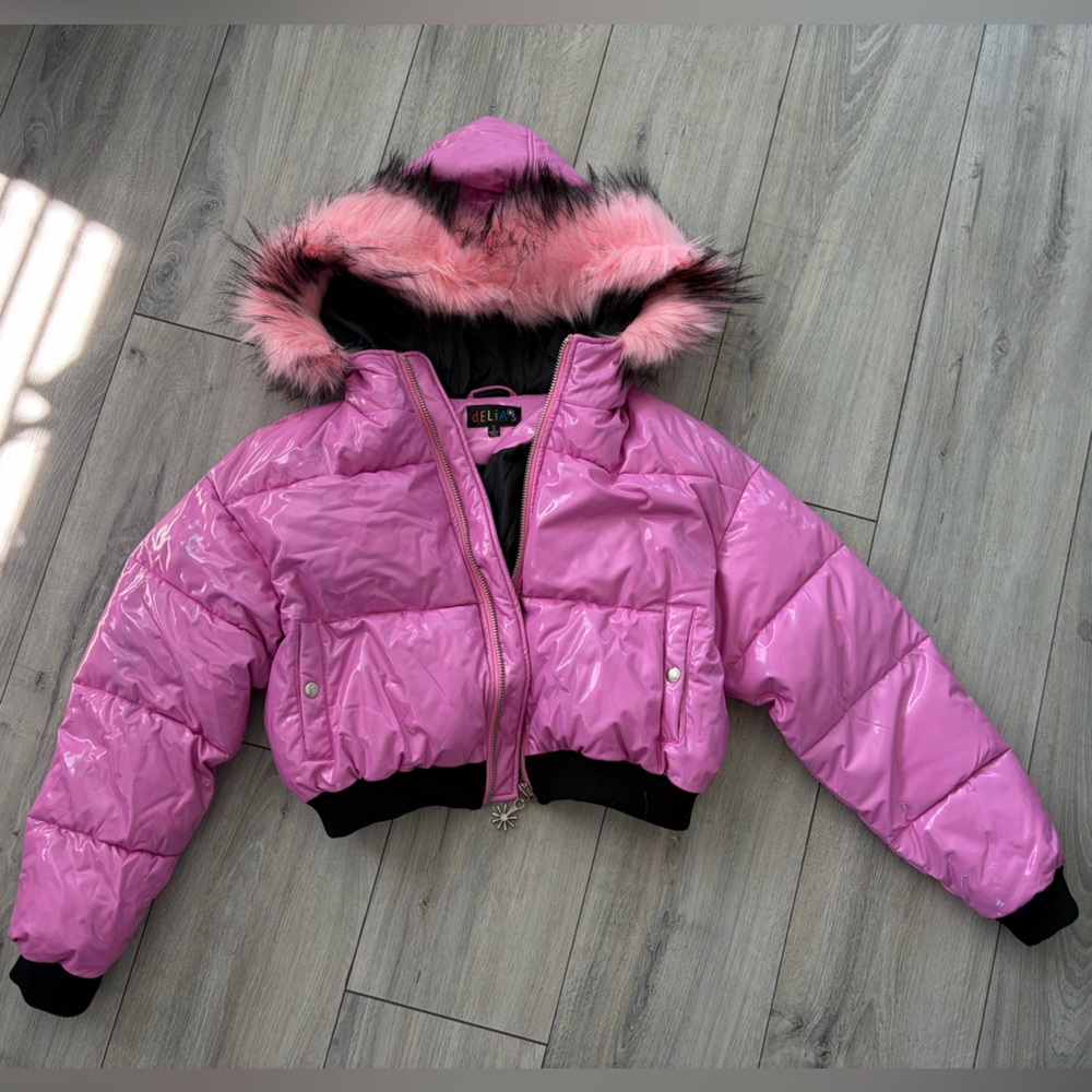 Dolls Kill Pink Puffer Jacket with Faux Fur Hood